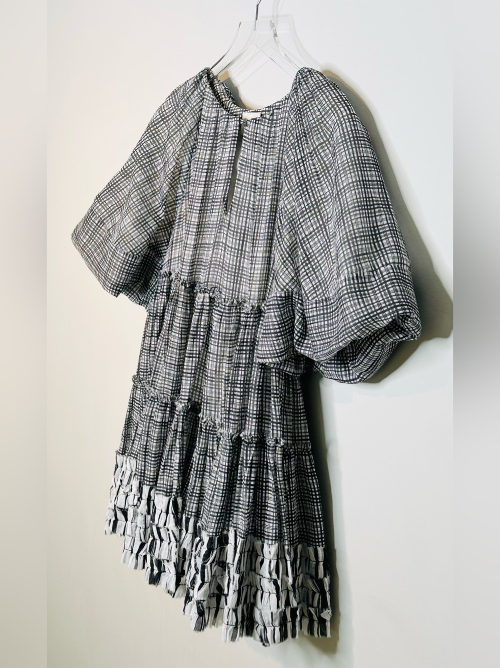 Aje Memento Black White Plaid Print Cotton Tiered Mini Dress - Picture 8 of 16
